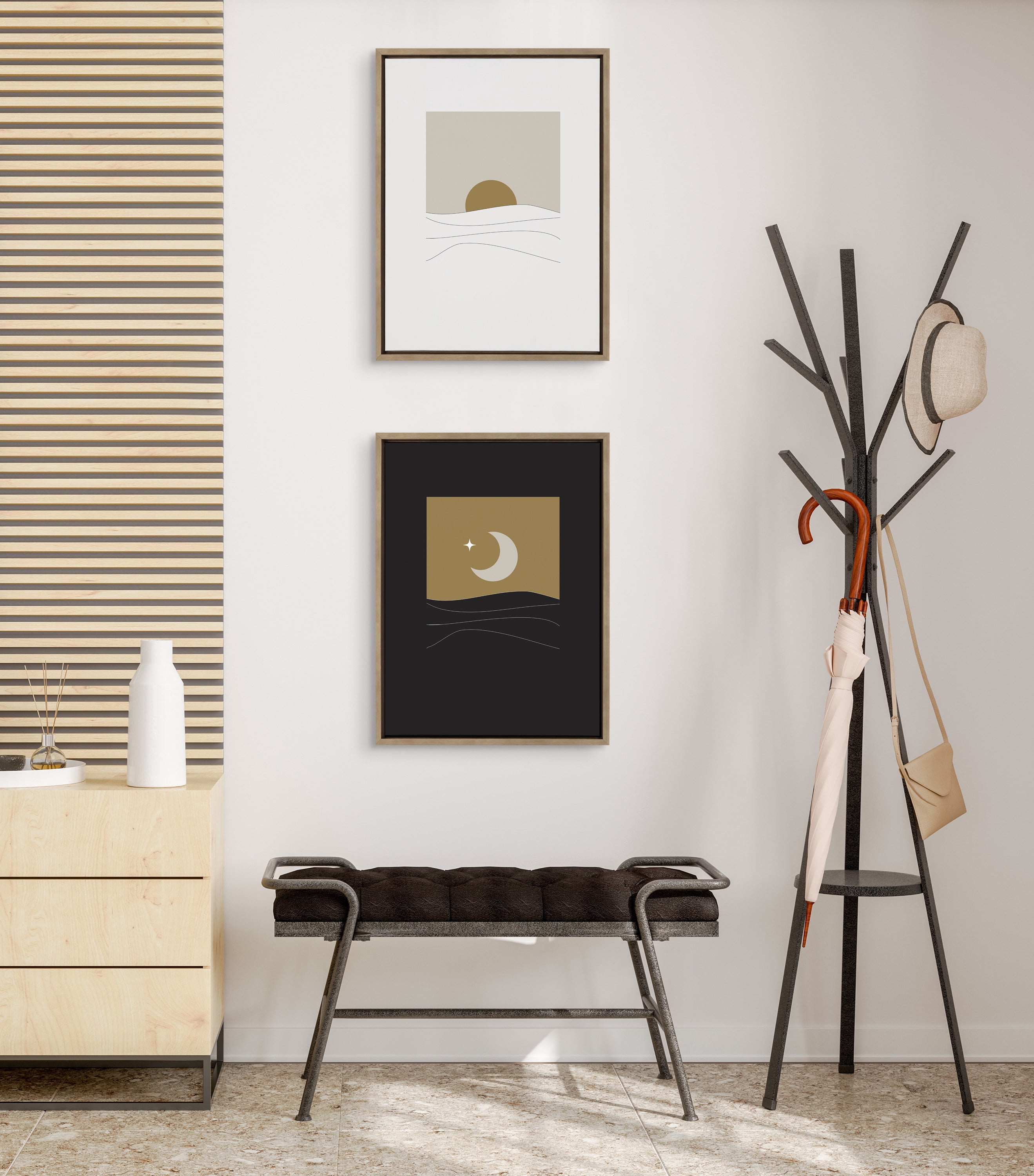Kate and Laurel Sylvie Modern Sunrise and Sunset Over the Ocean Framed Canvas Wall Art Set by The Creative Bunch Studio, 2 piece 18x24 Gold, Minimal Neutral Landscape Art for Wall