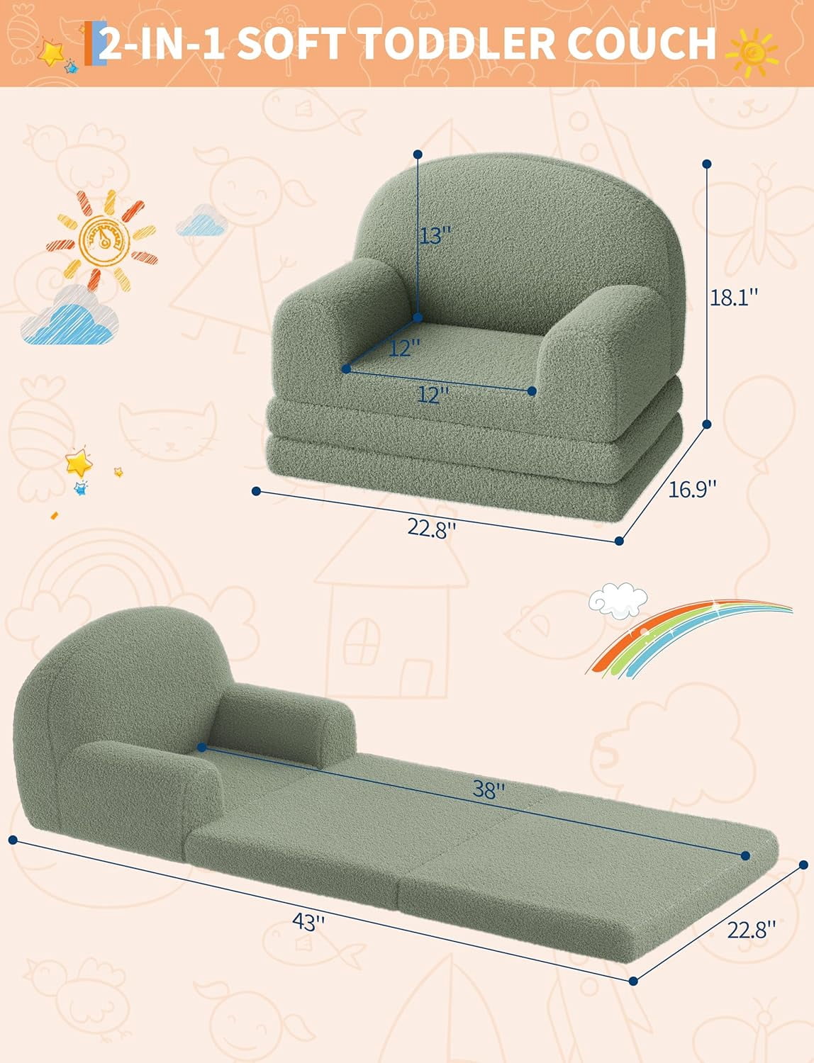 Kids Couch, 2-in-1 Convertible Teddy Fleece Fabric Toddler Sofa Chair, Soft Fold Out Couch Lounger for Kids, Comfy Children's Sofa Bed for Playroom, Nursery, Birthday Gift (Green Moon)