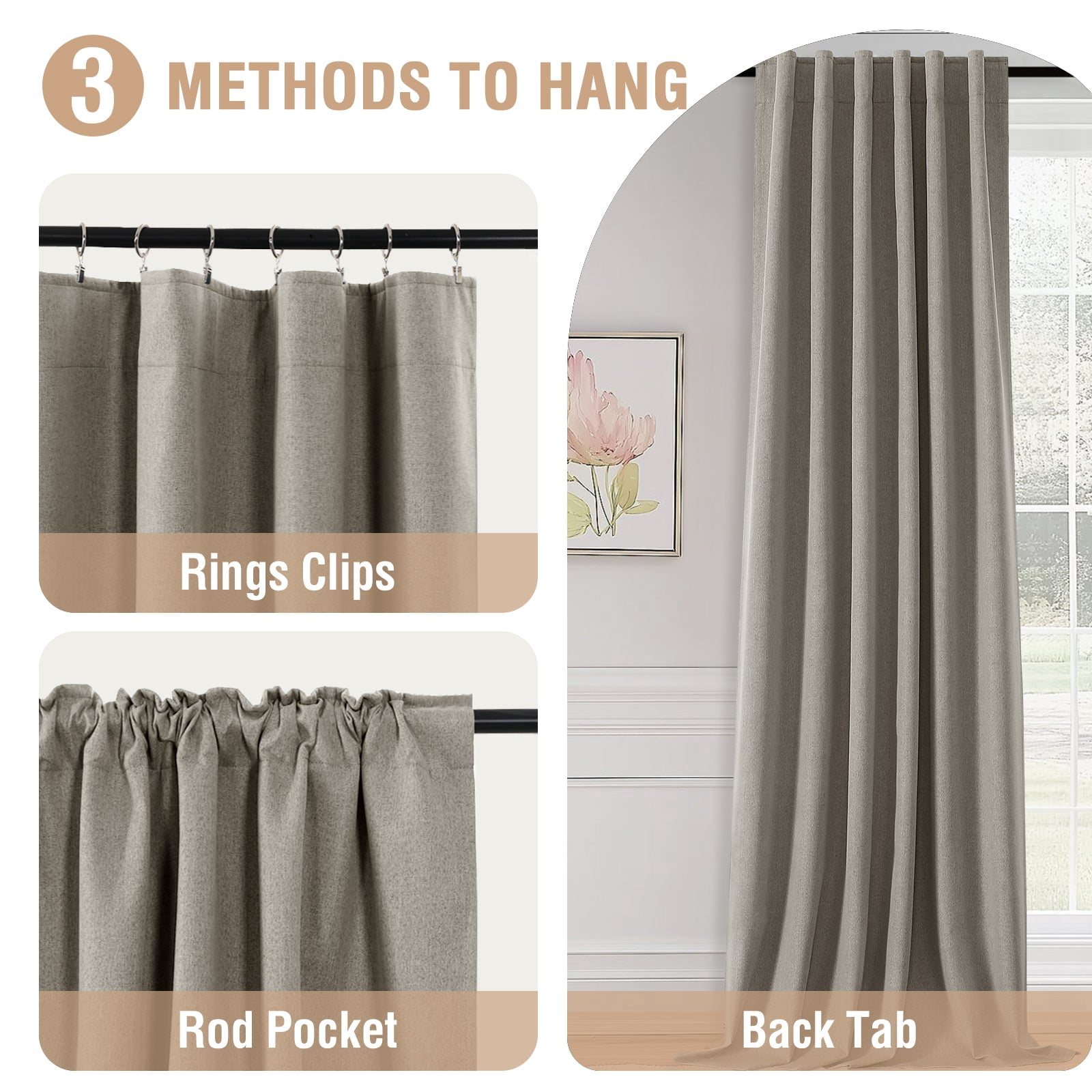 PrimeBeau 100% Blackout Curtains 63 Inch Length 2 Panels Set for Bedroom Windows/Living Room Thermal Insulated linen-like fabric Blend Curtain Rod Pocket/Back Tab Taupe