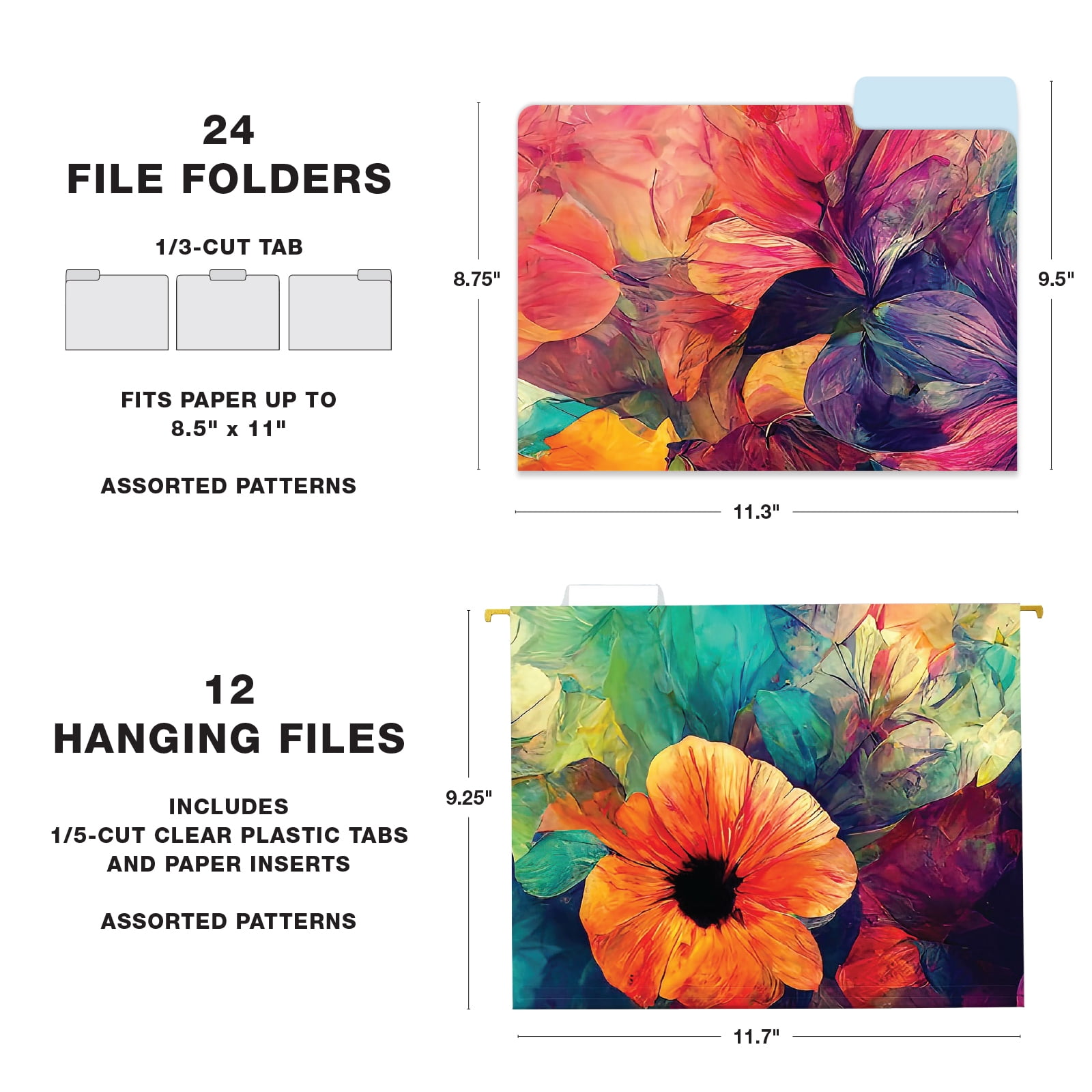 Global Printed Products 12 Hanging File Folders and 24 File Folders, Letter Sized - Abstract Floral