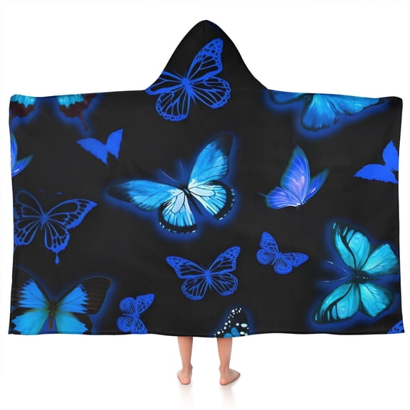 Black Blue Butterfly Pattern Hooded Bath Towel，50"x30" for Ages 3 To 12 Kids, Quick Dry Lightweight Soft Microfiber Hood Beach Towel Cover Up for Kids