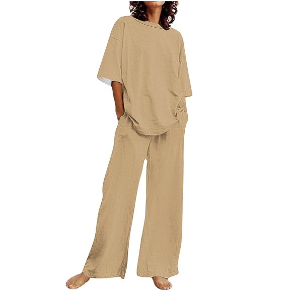 AherBiu Plus Size 2 Piece Sets for Women Summer Casual Crewneck 1/2 Tops Matching Wide Leg Elastic Waist Lounge Set