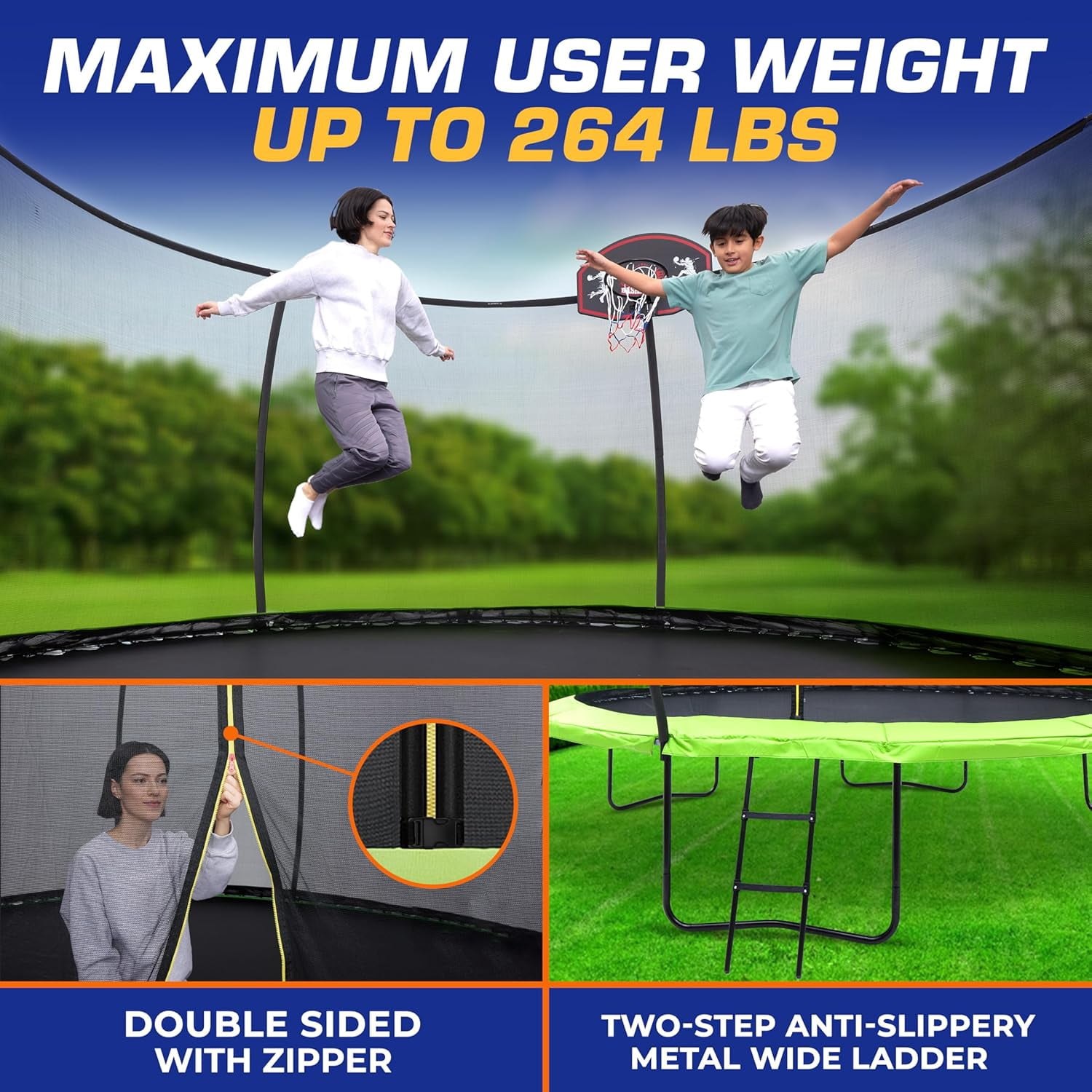 Campior Pumpkin Trampoline with Hoop & Enclosure – Durable, Safe, Waterproof, Backyard Fun - Green 8FT