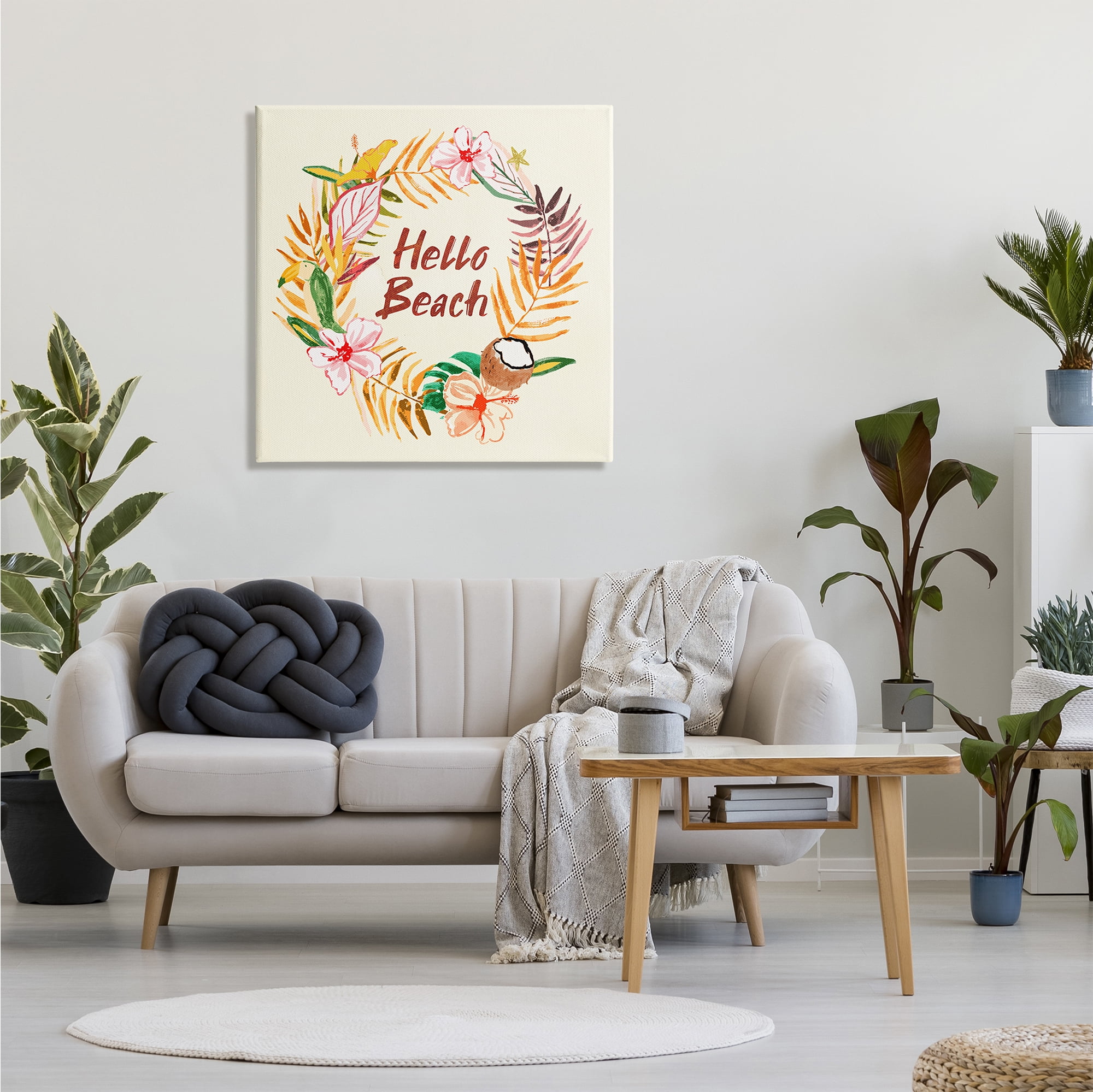 Stupell Industries Hello Beach Greeting Warm Tropical Palm Wreath Inspirational Painting Gallery Wrapped Canvas Print Wall Art, 30 x 30