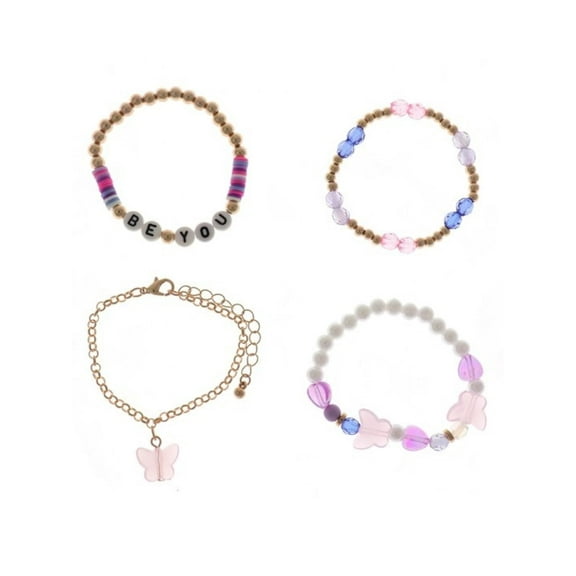 Wonder Nation 4 Pack Bracelet Set with Butterflies and 'Be You' Letter Beads (Girl's)
