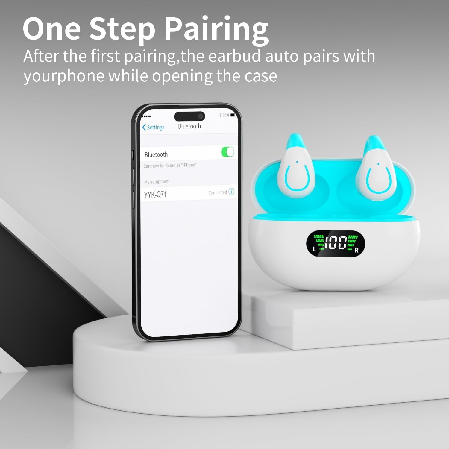 Open Ear Headphones Wireless Bluetooth 5.3 Clip On Earbuds with Digital Display Charging Case Button Control Bone Conduction Mini Sport Earphones Built-in Mic IPX7 Waterproof for Running Fitness Blue