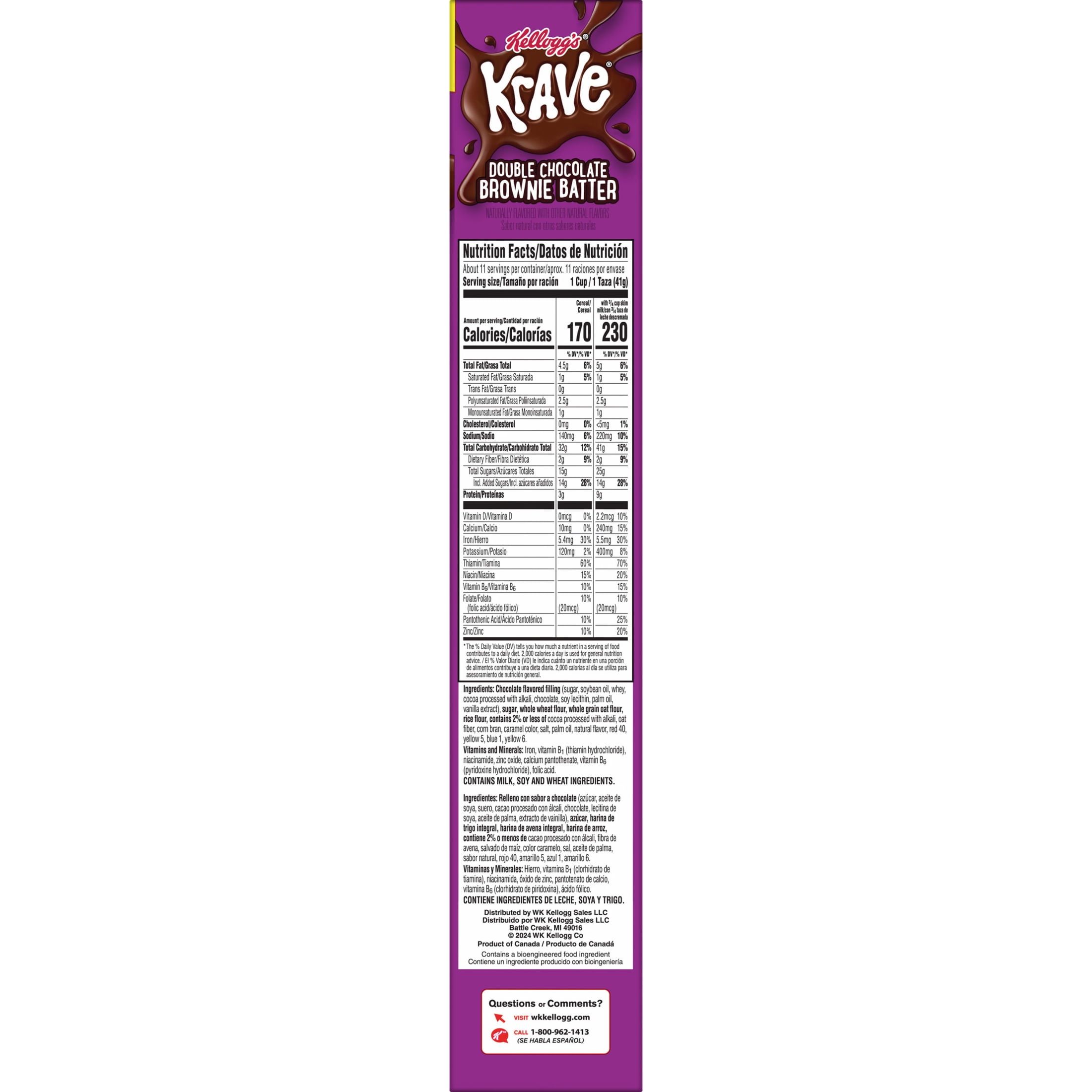 Kellogg's Krave Double Chocolate Brownie Batter Breakfast Cereal, 7 Vitamins and Minerals, Family Size, 16.2  oz