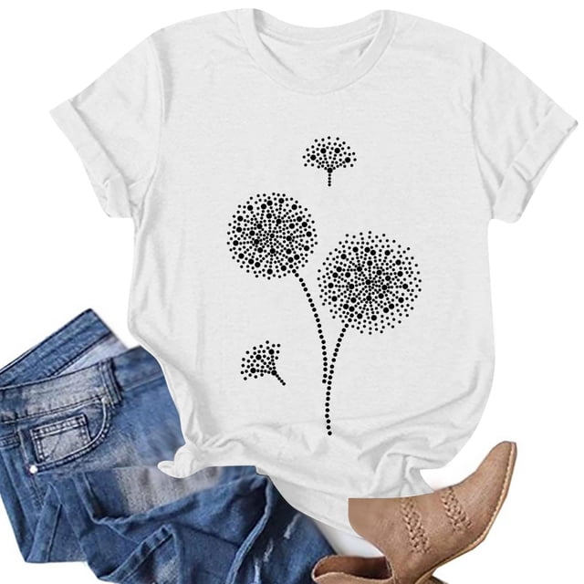 T-shirts d'Été pour Femmes à Col Rond, T-Shirt Imprimé Pissenlit, T-Shirt Décontracté à Manches Courtes, Hauts pour Femmes, Chemisiers, Chandail