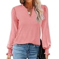 thumbnail image 1 of Blusa con volantes, manga abullonada, cuello en V, manga larga, color puro, tops de moda para mujer, 1 of 6
