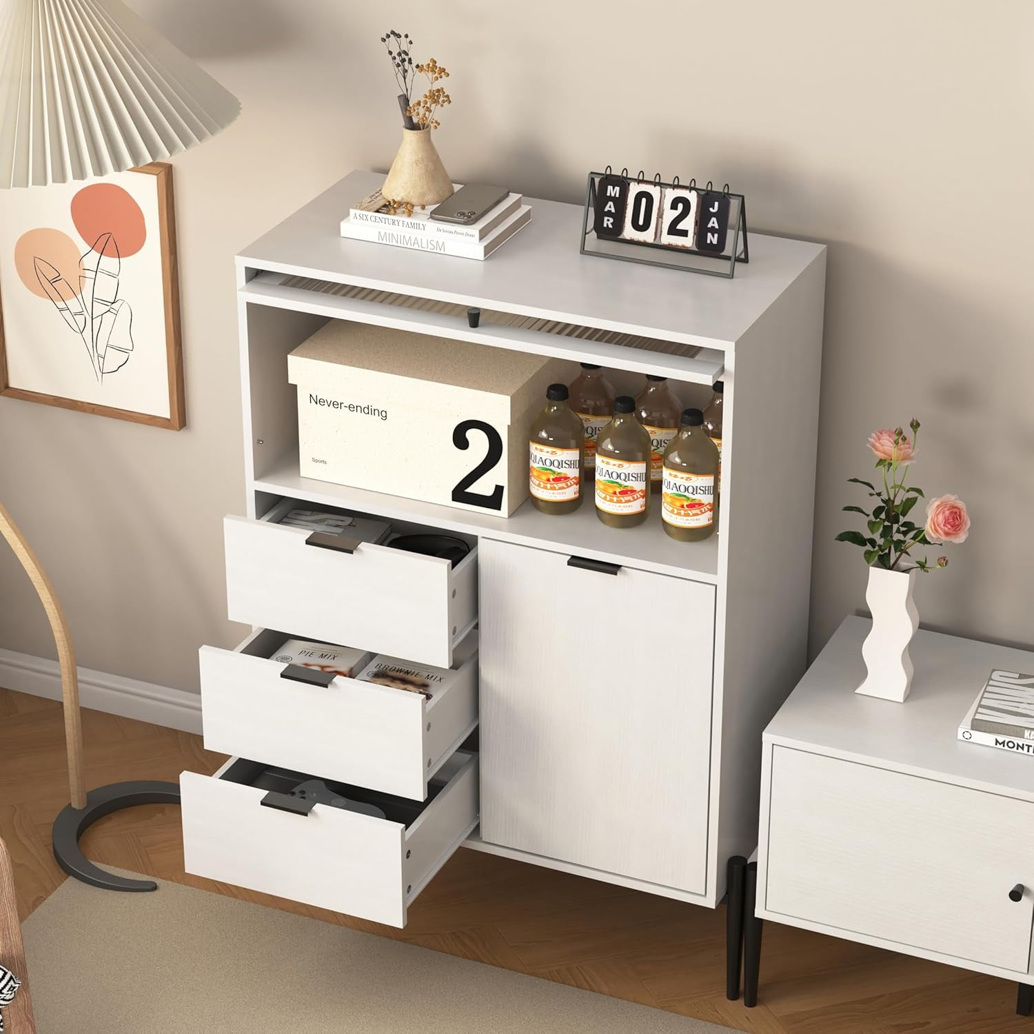 EXRACING Modern Sideboard Cabinet with 3 Drawers, 1 Solid Door & 1 Glass Door, Storage Buffet for Kitchen, Dining Room, Hallway, 33.46" W
