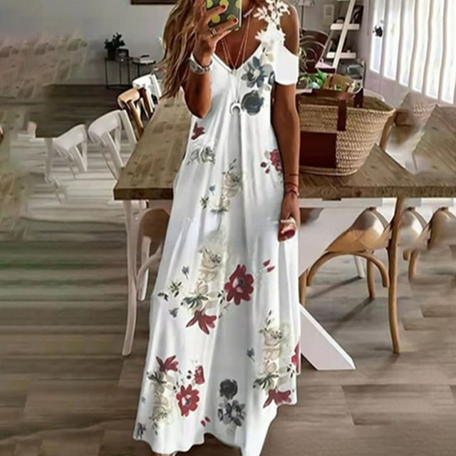 EGNMCR Robes de Fête pour Femmes Robe d'Été pour Femmes en Dentelle à Bretelles Col en V Mode à Imprimé Robe Ample Robe à Bretelles Col en V