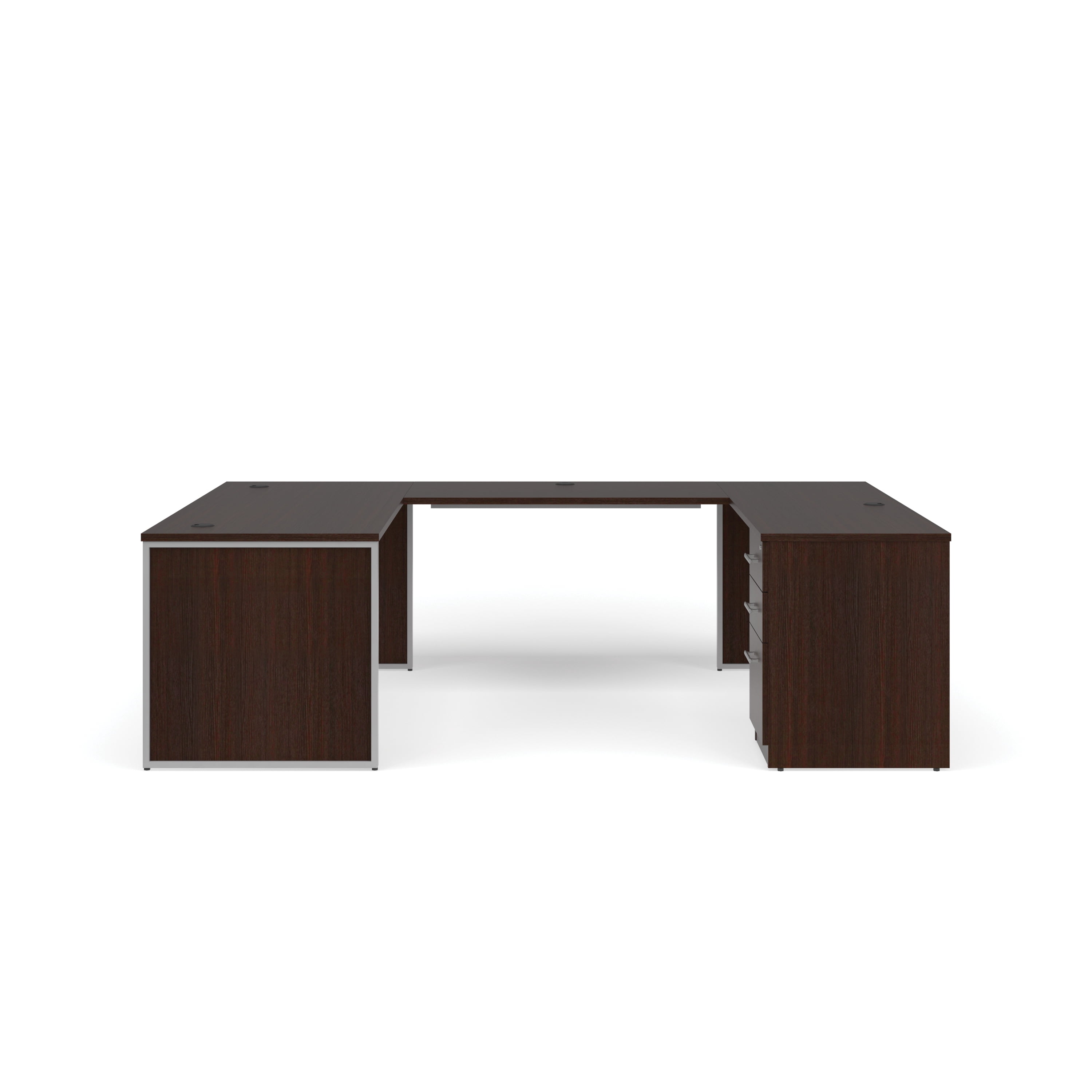 OFM Fulcrum Series Office Furniture Set, 66" U-Shaped Desk with Bridge, Credenza, 3-drawer Filing Cabinet, Leg Panels, in Espresso