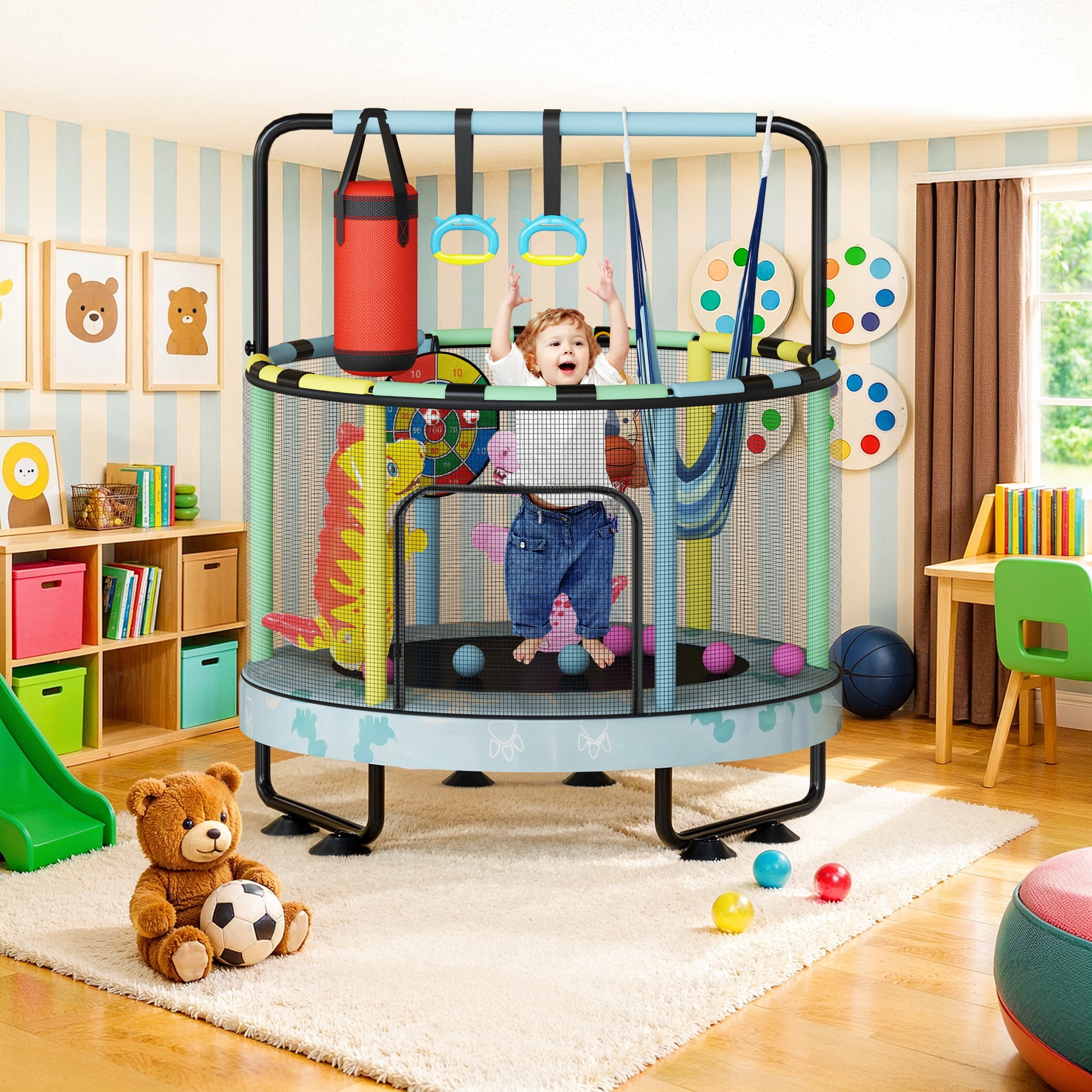Mieres 55" 7-in-1 Upgraded Kids Trampoline with Swing & Basketball Hoop, Reinforced Safety Design with Adjustable Height & Net for Ages 3-8, 500lbs Capacity, In/Outdoor Play Center, Blue Dinosaur