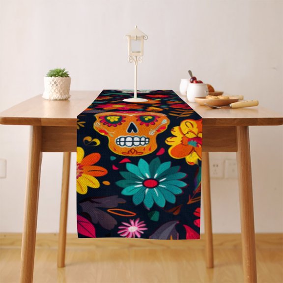 Day of the Dead Inspired (2) Table Runner, Seasonal Fall Winter Kitchen Dining Table Decoration for Home Party Decor 13x72 Inch