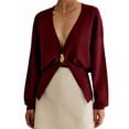 thumbnail image 3 of Womens Cardigan Sweater Deep V Neck Long Sleeve Button Crochet Knit Short Fall Sweaters Trendy Wine Red L, 3 of 10