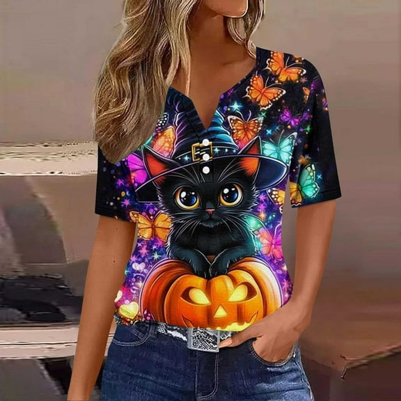 Jsaierl Women's Halloween Shirts Cute Pumpkin Ghost Graphic Tees Soft V Neck T-shirt Short Sleeve Holiday Blouse Tops Halloween Gifts