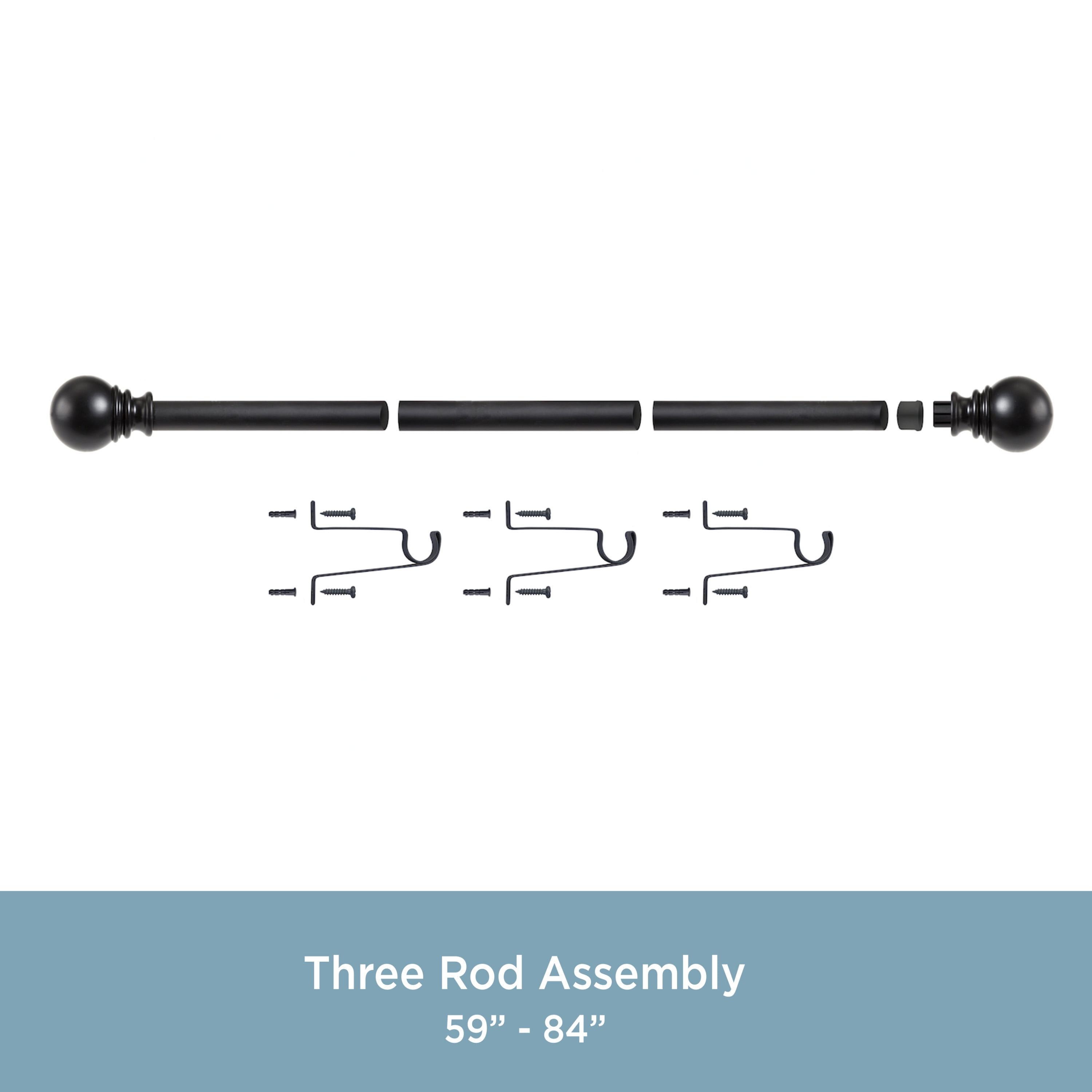 Kenney Layla Decorative Steel Adjustable Window Curtain Rod, 30-84 Inch, Black, 1 Inch Diameter