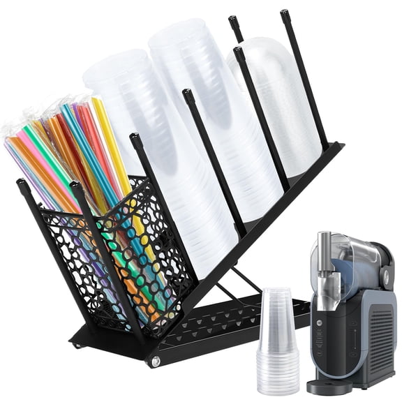 OVICAR Cup and Lid Holder - Adjustable Coffee Cup Holder Organizer 4 Compartment Disposable Cup Dispenser with Coffee Pod Straw Storage Basket for Coffee Station Bar Countertop Breakroom Black