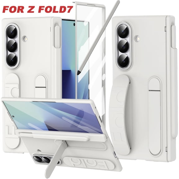 COAROVER Rugged Case for Samsung Galaxy Z Fold7 with Hinge Protection,Slim Pen Slot Bulit in Screen Protector Kickstand Wrist Strap Hard Shell,White