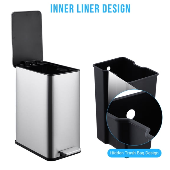 Slim 10L/2.64-Gallon Stainless Steel Trash Can with Step Pedal, Soft-Close Lid & Removable Inner Bucket