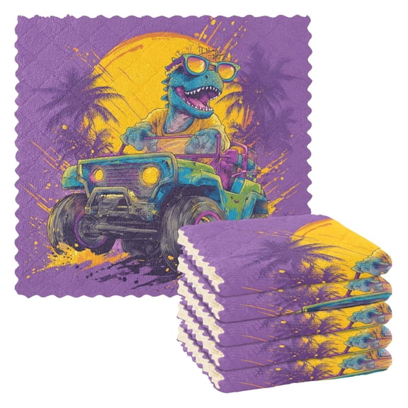 6 Pieces of Kitchen Towels 11x11Inch Kitchen Dish Cloths Kitchen Dish Towels Reuseable Cleaning Cloths Dinosaurs Driving Cars