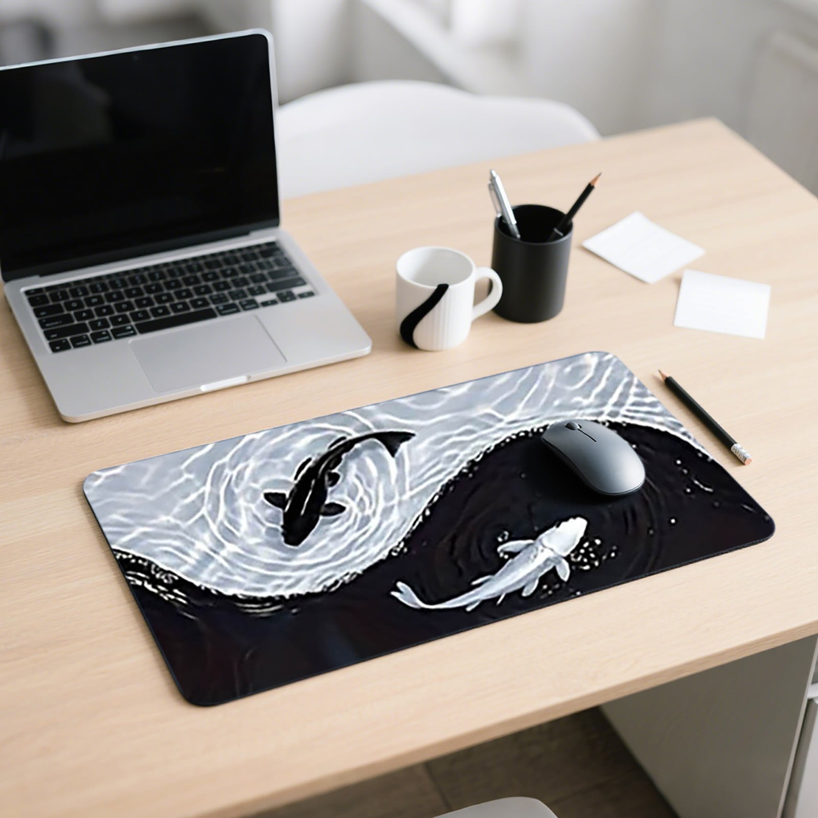 Extra Large Gaming Mouse Pad Desk Mat with Unique Black White Fish Design, Stitched Edges, Non- Rubber Base, Waterproof Surface for PC Gaming, Office, Home Computer Use