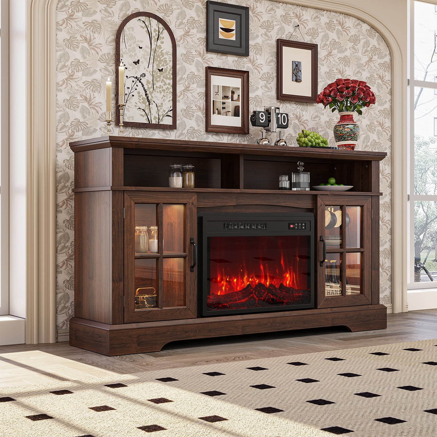 BaPiPro 58" Fireplace TV Stand with 23" Electric Fireplace for TVs up to 70", Media Entertainment Center Console Table, Rustic Brown