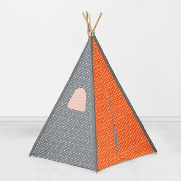 Bacati Playful Fox Orange/Grey Teepee Tent for Kids/Toddlers, 100% Cotton Breathable Percale Fabric Cover, Aqua/Red/Orange/Green/Navy