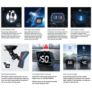 Universal GPS Speedometer MPH Heads-Up Display for Car, USB Plug & Play Large Screen HUD GPS Speedometer with Overspeed Alarm with Shading Plate, Car Charger Adapter, Rotary Suction Cup Holder