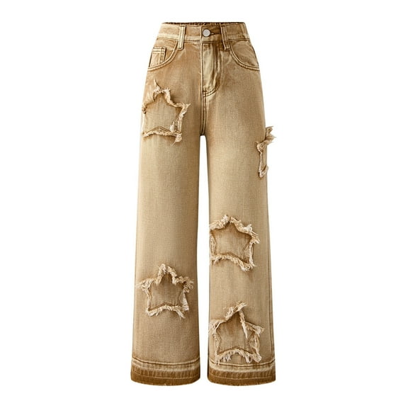 EnJoCho Girls Kids Cute Baggy Wide Leg Straight Denim Jeans Pants Star Elastic Waist High Ri𝗌e Tween Prep𝗉y 𝖸𝟤𝖪 Trousers Bottoms