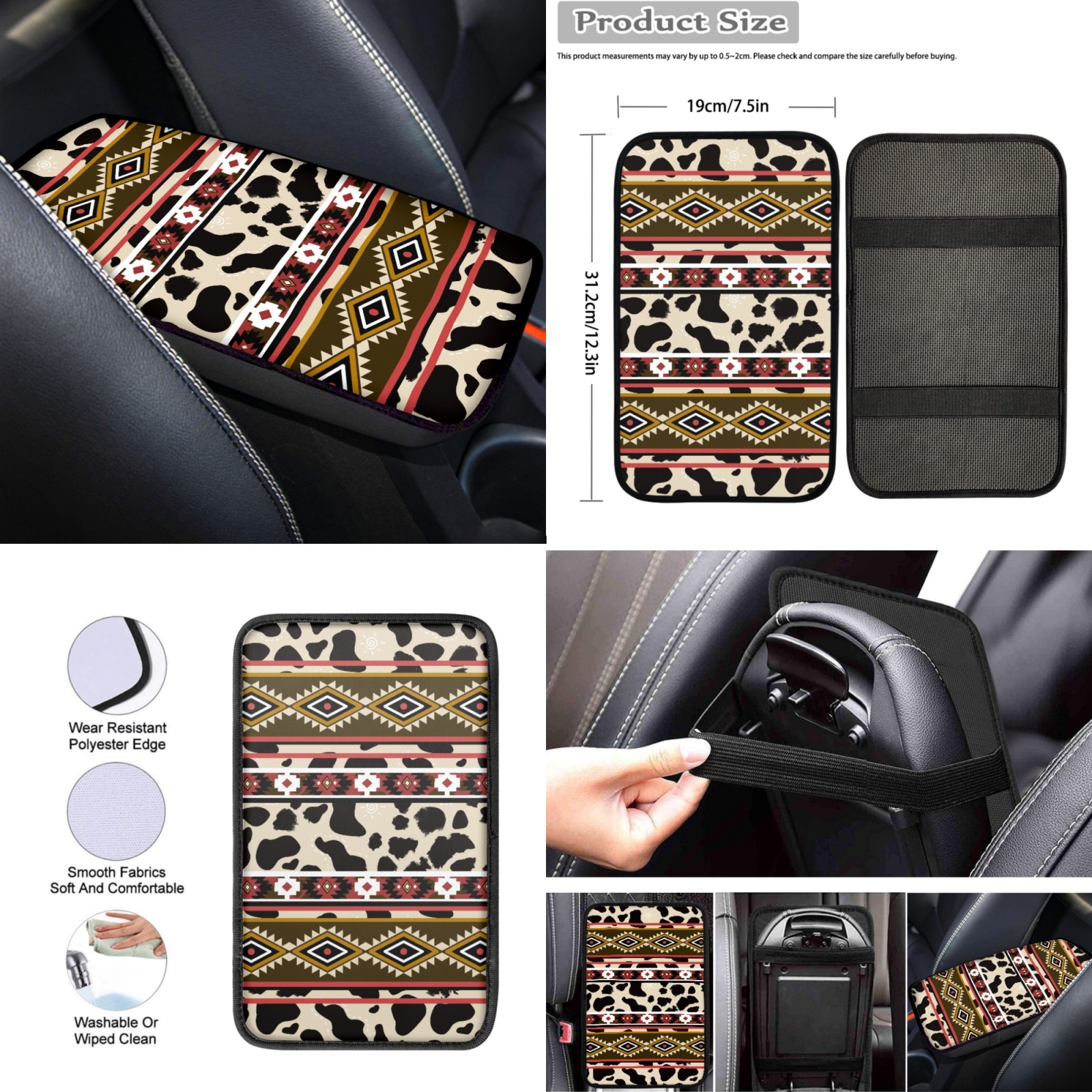 Renewold American Tribal Cow Print Red Beige 12 PCS Car Seat Covers Set for Women, Soft Steering Wheel Cover Seat Belt Pads Armrest Pad Handbrake Cover Gear Shift Cover Coasters Car Decor