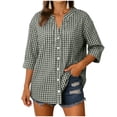 thumbnail image 5 of felwors Cotton 3/4 Sleeve Button Down Shirts for Women Gingham Plaid Striped Tops V Neck Casual Loose Blouse (Green, S), 5 of 7