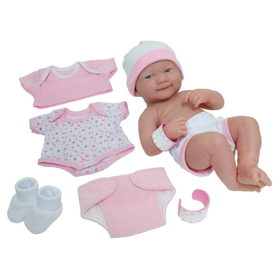 JC Toys 14 All-Vinyl La Newborn, Smiling Baby Doll, Pink Deluxe Clothing Layette Doll Playset, 8 Pieces