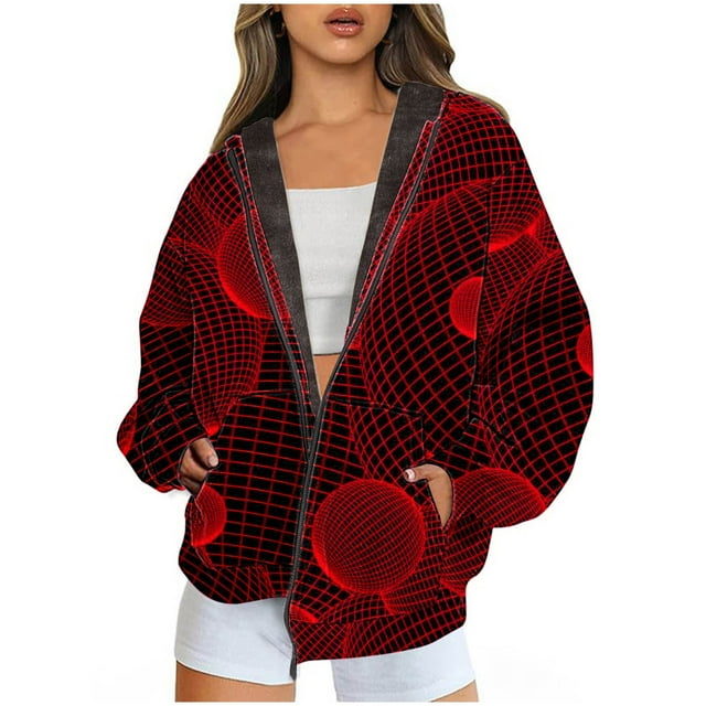 Vestes pour Femmes Décontractées d'Automne, Veste d'Hiver Chaude et en Polaire pour Femmes, Veste à Capuche Imprimée avec Fermeture Éclair et Poches Doubles, Veste d'Automne en Liquidation