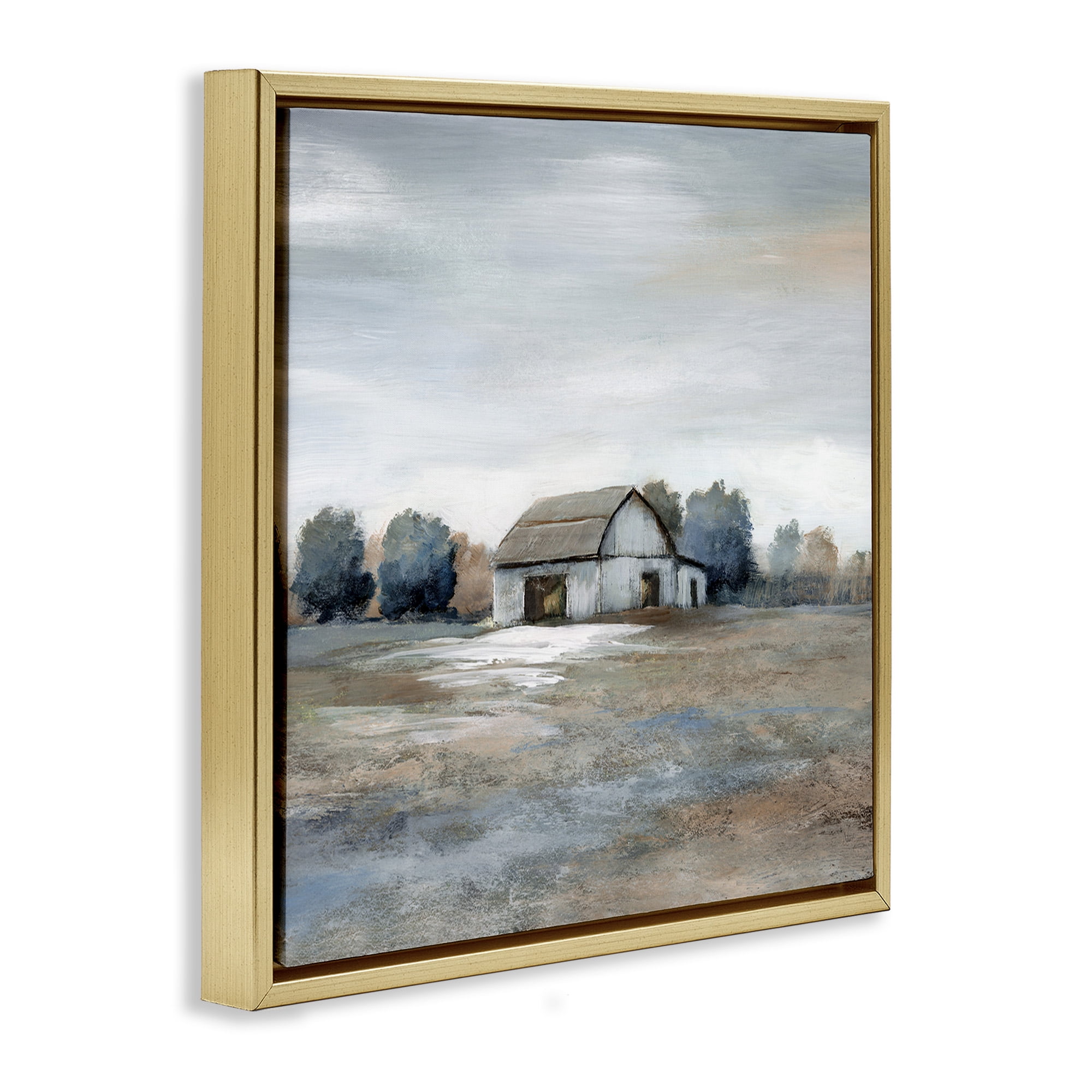 Stupell Industries Countryside Barn Neutral Tones Landscape Painting Gold Floater Framed Canvas Art Print Wall Art, 25 x 25