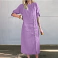 thumbnail image 6 of Vhkiploz Summer Long Tunic Linen Dress for Women's Solid Color Button-Up Front Split T-Shirt Dress Short Sleeve Round Neck Beach Straight Dress, 6 of 10