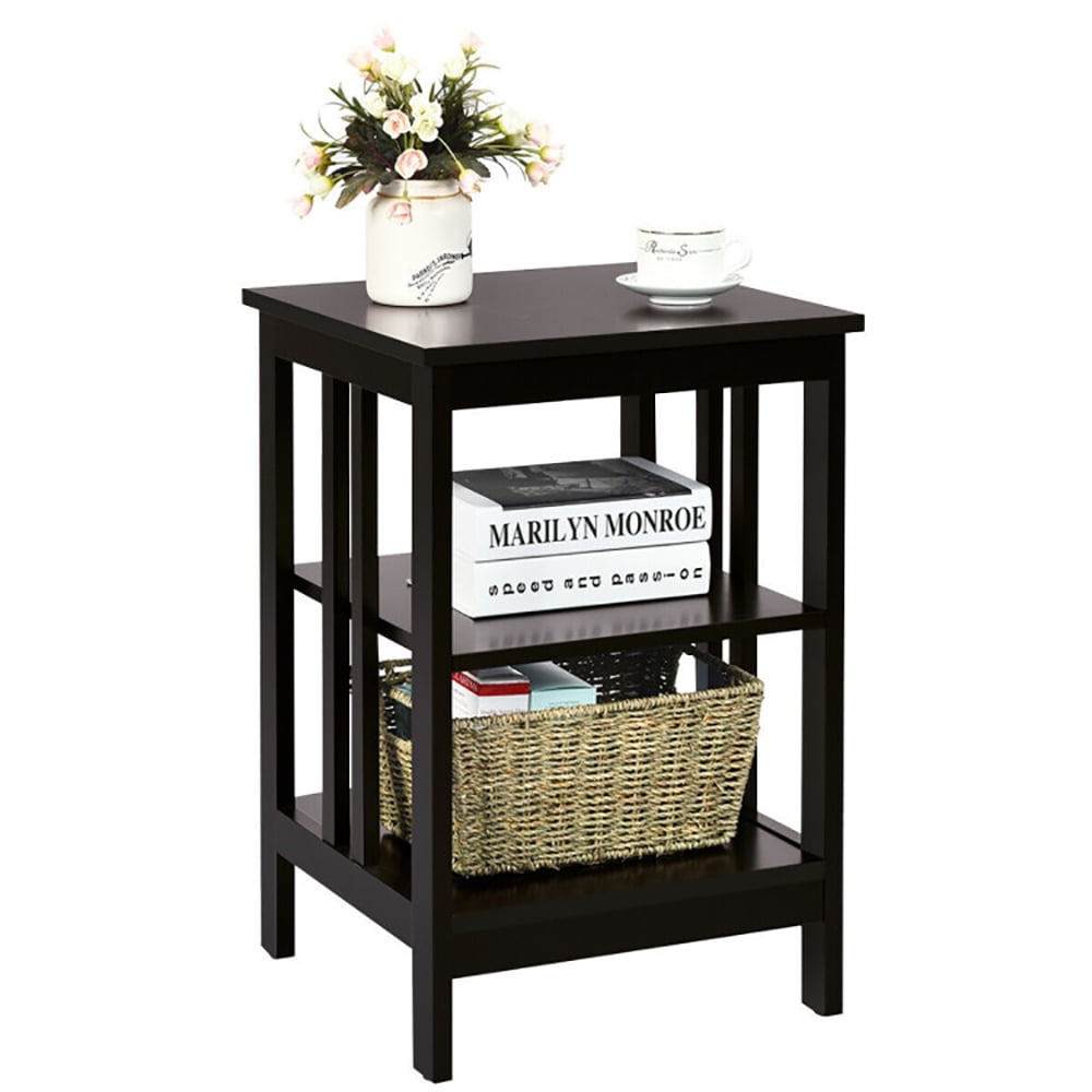 Finihen Side Table, 3-Tier Nightstand Sofa Side Table with Baffles and Round Corners, Bed Side Tables, for Living Room, Bedroom, Dark Brown
