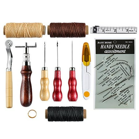 Caydo 12 Pieces Leather Tools Leather Sewing Kit Craft Stitching Tools Awl Thimble Waxed Thread