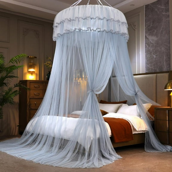 Bed Canopy for Girls, Pink Princess Canopy Bed Curtains, Round Dome Fairy Net for Girls Boys Adults Bed, Gray