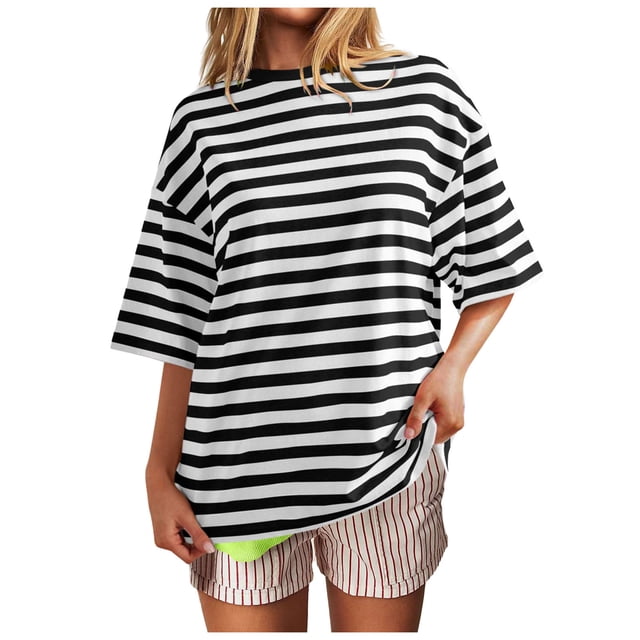 2025 Puawkoer 1 Pce Haut T-Shirts Oversize pour Femmes Col Rond T-Shirts Amples T-Shirts Unis pour Femmes T-Shirt Femmes Maison Décontracté Motif Rayé Col Rond Manches Courtes Pull Couleur