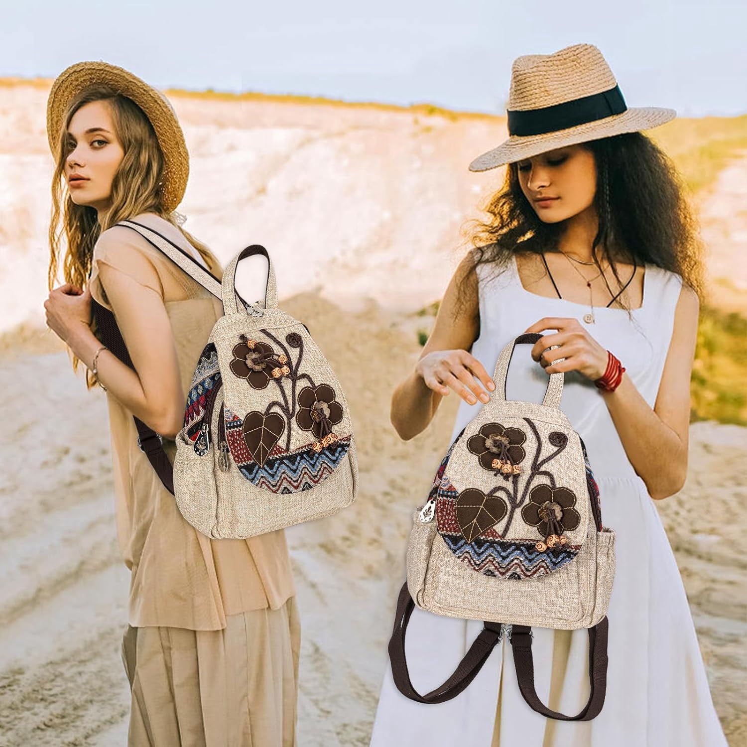 Backpack for Women, Boho Crossbody Sling Bags for Women with Cute Hand-woven Pattern Mini and Small Backpack (Flower)