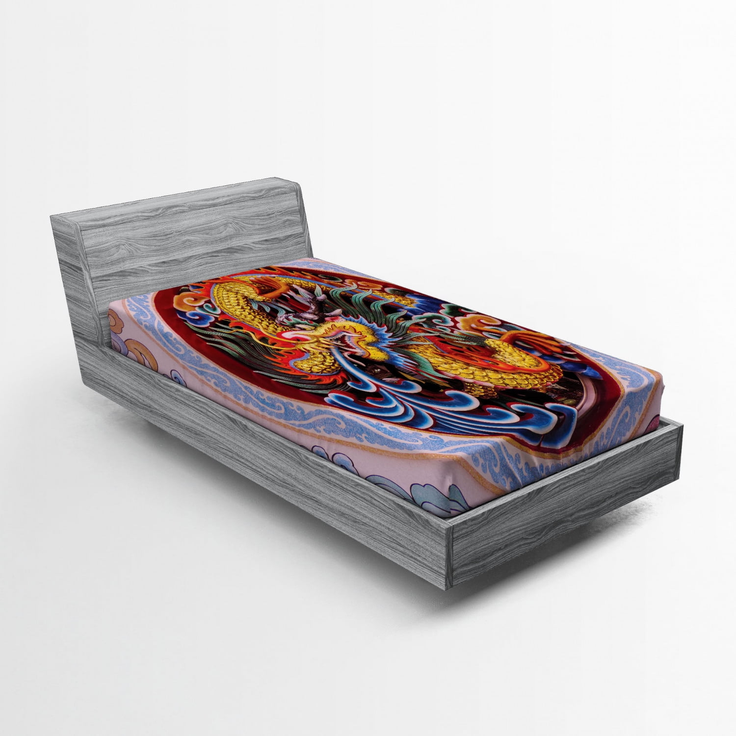 Dragon Fitted Sheet Chinese Dragon with Horns Mane and Claws Flower