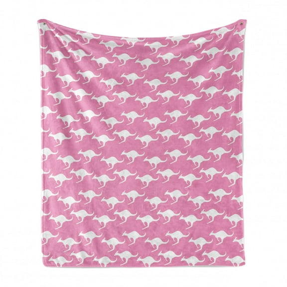 Kangaroo Soft Flannel Fleece Throw Blanket, Silhouette of Jumping Adult Kangaroo Animal Pattern in Diagonal Alignment, Cozy Plush for Indoor and Outdoor Use, 50" x 60", Pink and White, by Ambesonne