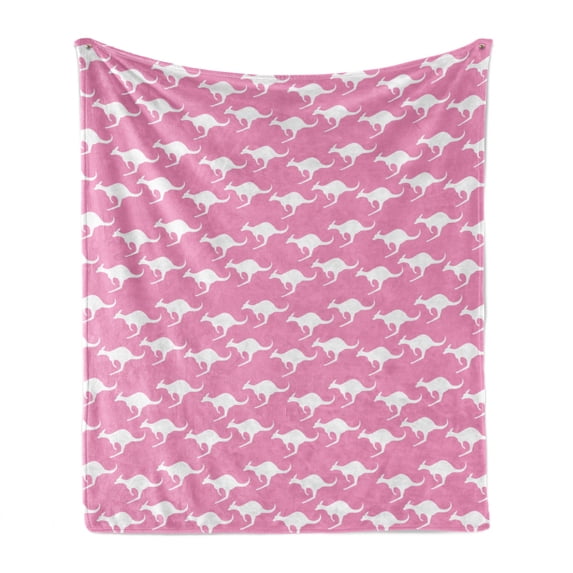 Kangaroo Soft Flannel Fleece Throw Blanket, Silhouette of Jumping Adult Kangaroo Animal Pattern in Diagonal Alignment, Cozy Plush for Indoor and Outdoor Use, 60" x 80", Pink and White, by Ambesonne