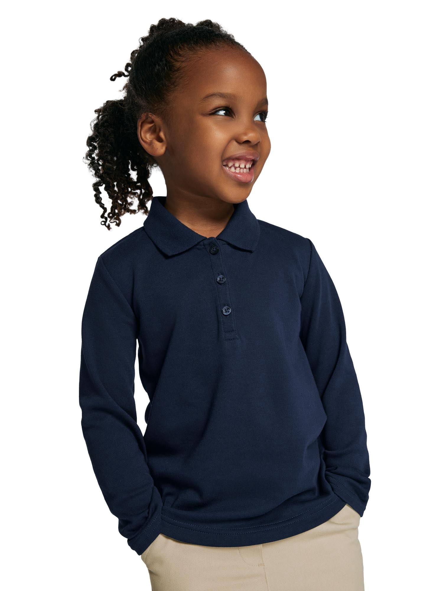 Wonder Nation Toddler Girls School Uniform Long Sleeve Interlock Polo Shirt, 2-Pack