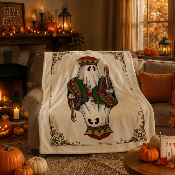 Ghost Spades K Throw Blanket, Halloween Fall Playing Card Fleece Blanket For Couch Sofa Bed Fall Room Decor Thanksgiving Gift (1PC, 27.5"x39.4")