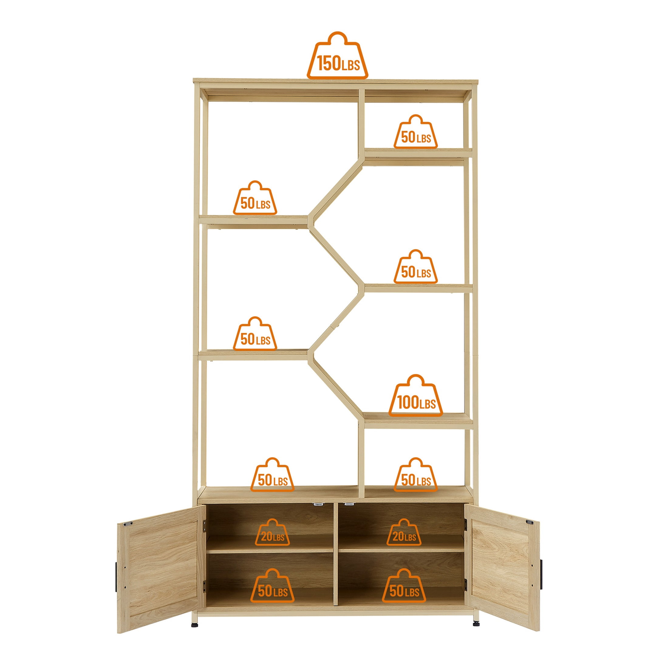 Porkiss Rattan 5-Tiers Storage Bookcases with Doors, Natural Finish