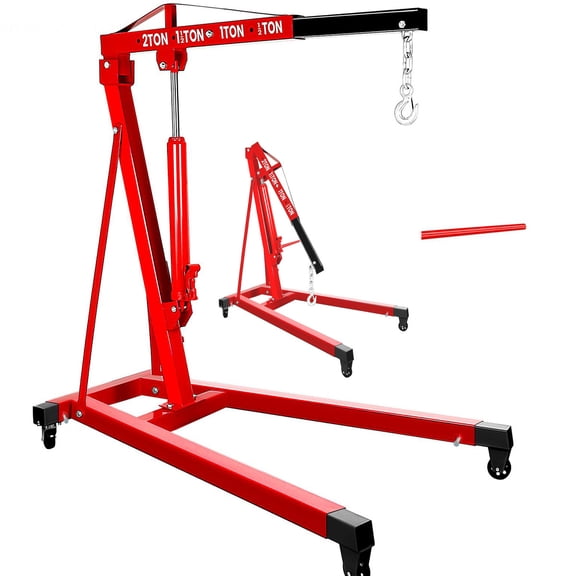2 Ton 4400 lbs Cherry Picker, Durable Engine Hoist with 360° Steel Universal Casters, Heavy‑Duty Hydraulic Shop Crane, Shop Crane for Heavy Equipment Warehouse (Red)