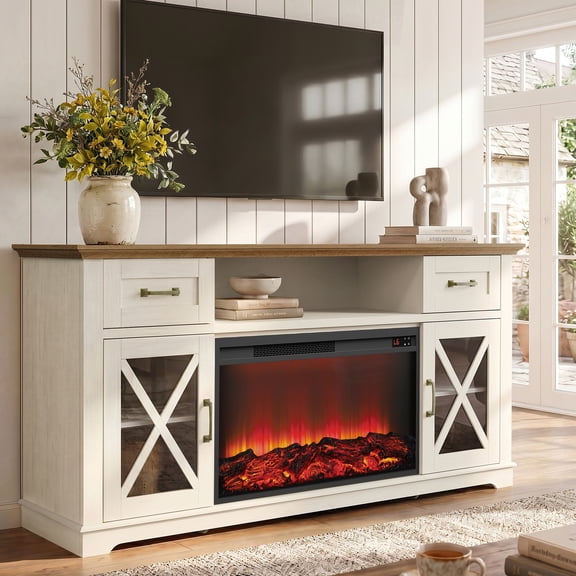 LEGAHOME 2-in-1 Multifunctional Fireplace TV Stand with 30" Removable Electric Fireplace for 70" TVs, 63" Farmhouse Electric Entertainment Center with 2 Drawers, White