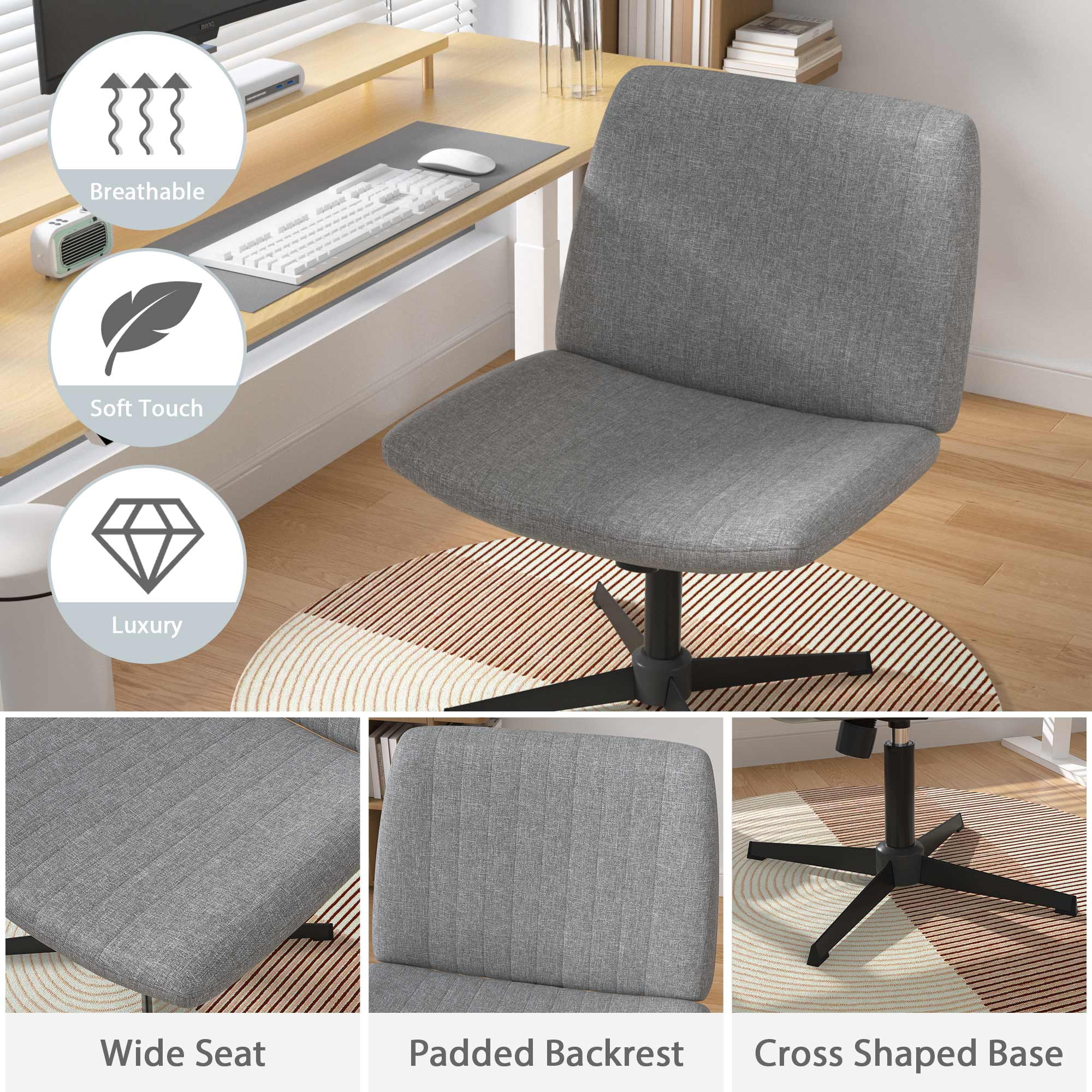 Home Office Chair Armless Criss Cross Legged Chair No Wheels, Wide Comfy Desk Chair Makeup Vanity Chair, Height Adjustable Swivel Fabric Computer Chair Task Chair, Grey